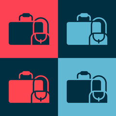 Pop art Suitcase for travel icon isolated on color background. Traveling baggage sign. Travel luggage icon. Vector.