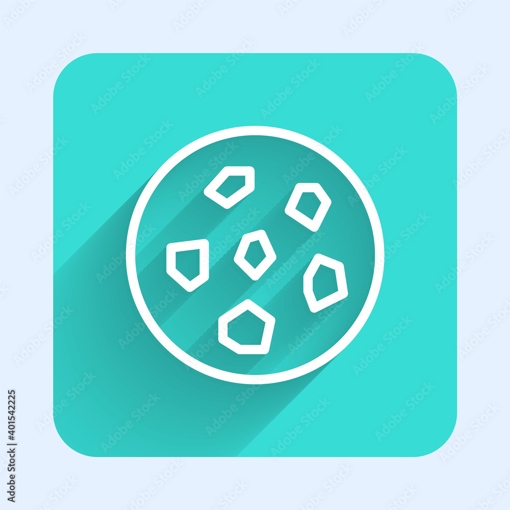 Poster white line cookie or biscuit with chocolate icon isolated with long shadow. green square button. vec