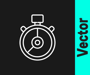 White line Stopwatch icon isolated on black background. Time timer sign. Chronometer sign. Vector Illustration.