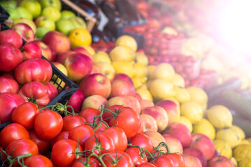 counter with vegetables and fruits in the meadow of the sun. Healthy food.
