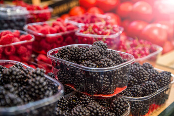 blackberries in dishes on the grocery counter at the market. Vitamins fruits.