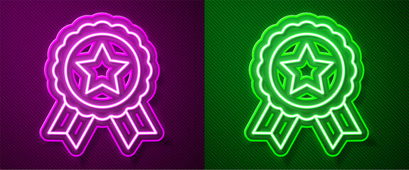 Glowing neon line Medal with star icon isolated on purple and green background. Winner achievement sign. Award medal. Vector.