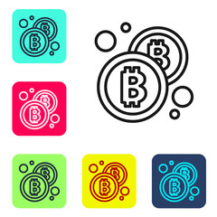 Black line Cryptocurrency coin Bitcoin icon isolated on white background. Physical bit coin. Blockchain based secure crypto currency. Set icons in color square buttons. Vector.