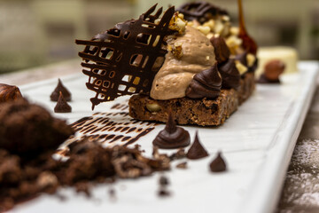 Hazelnut, chocolate and caramel dessert from the restaurant menu

