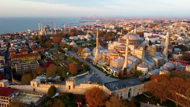 Aerial view of Hagia Sophia mosque and The Blue Mosque (Sultanahmet)