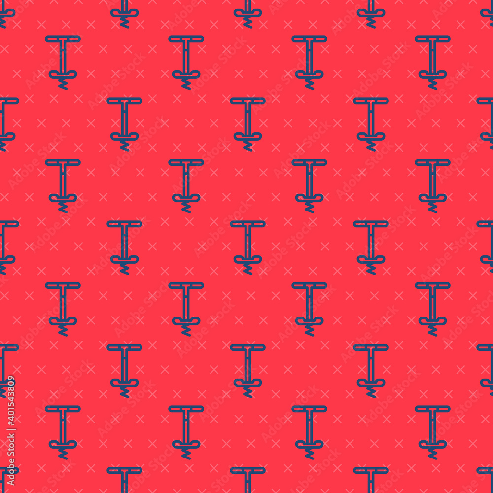 Poster blue line pogo stick jumping toy icon isolated seamless pattern on red background. vector.
