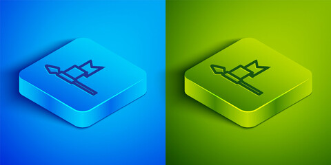 Isometric line Medieval spear icon isolated on blue and green background. Medieval weapon. Square button. Vector.