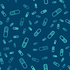 Green line Vitamin complex of pill capsule icon isolated seamless pattern on blue background. Healthy lifestyle. Vector.