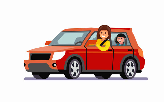 woman rides in red car with child