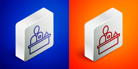 Isometric line Receptionist standing at hotel reception desk icon isolated on blue and orange background. Silver square button. Vector.