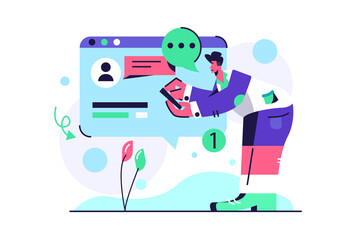 A guy got a big virtual data message from the phone isolated on a white background, flat vector illustration