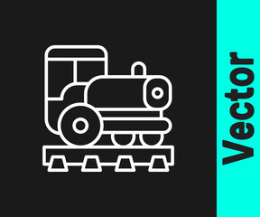White line Vintage locomotive icon isolated on black background. Steam locomotive. Vector.