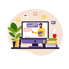 Online learning concept. Teacher at chalkboard, video lesson. Distance study at school. Vector illustration. Flat style.