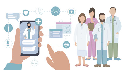 The patient communicates with the doctor online. A team of medical professionals consults, diagnoses and treats using modern technology and the Internet. Telemedicine, Remote Medical Assistance.