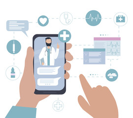 doctor online. Phone in the hands of the patient. Consultation, diagnosis, treatment and any care by video call over the Internet. Telemedicine, fast remote medical assistance. Vector