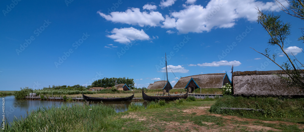 Sticker viking city Bork with viking ships and thatched houses 