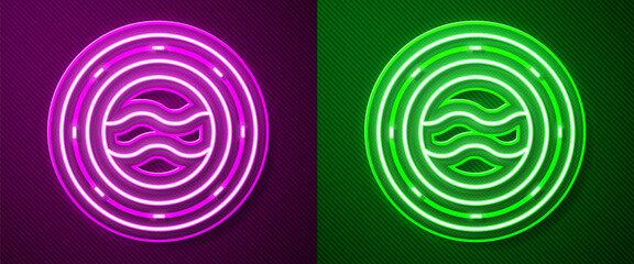 Glowing neon line Ship porthole with rivets and seascape outside icon isolated on purple and green background. Vector.