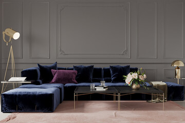 modern living room with blue sofa, 3d render