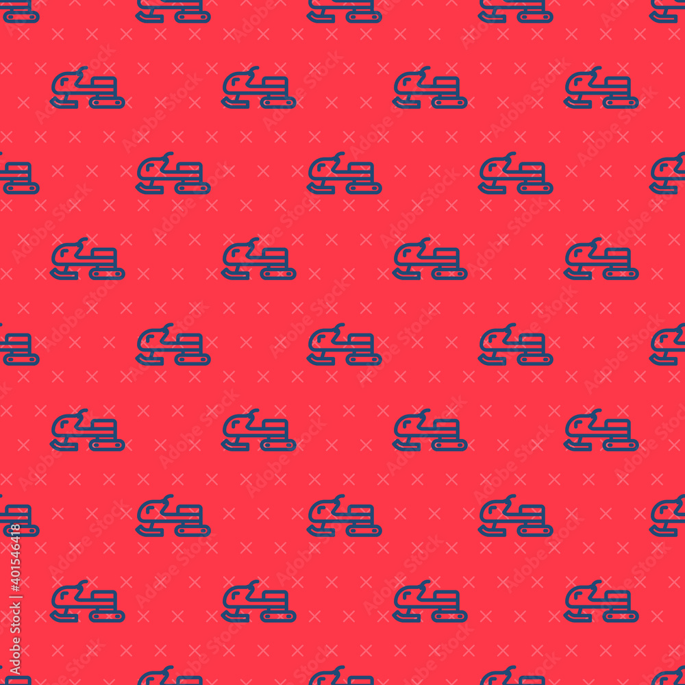 Poster blue line snowmobile icon isolated seamless pattern on red background. snowmobiling sign. extreme sp