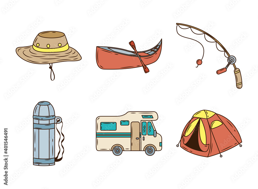 Poster bundle of six camping set line and fill icons