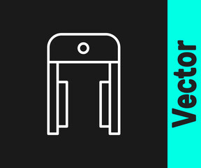 White line Metal detector in airport icon isolated on black background. Airport security guard on metal detector check point. Vector.
