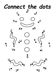 Smiling gingerbread man connect the dots game stock vector illustration. Funny educational winter puzzle to learn English letters and alphabet order. Simple black and white printable worksheet