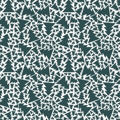 Winter conifer forest seamless pattern vector. Different sizes and turnes pine tree seamless texture. Trendy colors tidewater green and white nature abstract texture. Minimalist nature endless pattern