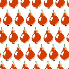 Bold orange pear fruits on white seamless pattern vector. Simple fruit pattern for kitchenware, menu, wrapping and more. Summertime ripe cartoon pears isolated on white. Healthy raw food texture