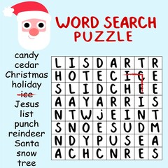 Funny word search puzzle stock vector illustration. Find all hidden words in puzzle. Educational game with Santa Claus for Christmas time home pastime. Colorful square printable worksheet for children