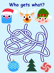 Who gets what? - Christmas children game stock vector illustration. Funny game with Santa, reindeer and elf and tangled ways. Visual puzzle vertical colorful worksheet for winter holidays home pastime