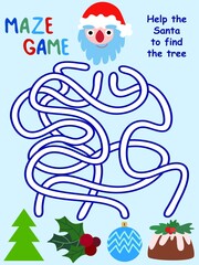 Maze game with Santa Claus stock vector illustration. Help the Santa to find the tree. Educational visual game for kids for winter home leisure. Funny Christmas time vertical colorful printable page