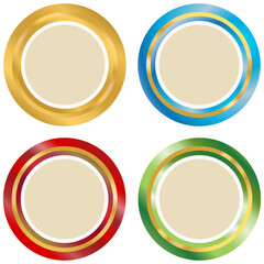 Collection of round multicolored blank badges. Red, blue, yellow, green, gold color. Used as a button, sticker, icon for web design, advertising. For silhouettes of different shapes
