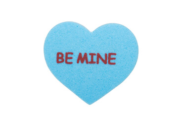 Be Mine text on blue foam sheet cut in heart shape isolated on white background
