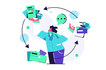 The girl deals with files that go into circulation, large virtual files, arrows in a circle, isolated on a white background, flat vector illustration