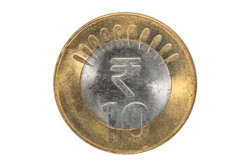 Close up shot of India's 10 rupee coin on white background
