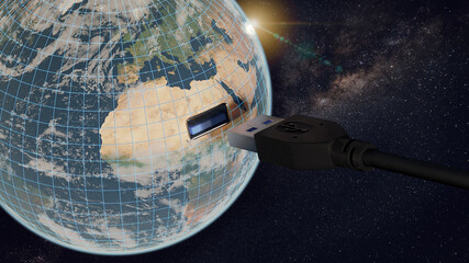 Earth with USB 3.0 cable - digitalization - industry 4.0