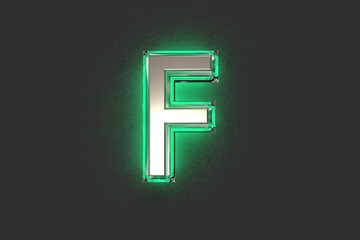 Silver metallic with emerald outline and green backlight alphabet - letter F isolated on grey background, 3D illustration of symbols