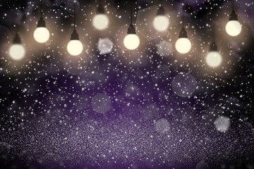 Fototapeta na wymiar purple fantastic glossy glitter lights defocused light bulbs bokeh abstract background with sparks fly, festal mockup texture with blank space for your content