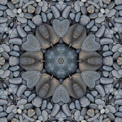 kaleidoscopic style of pebbles on a beach with colourful child's play fork and rake
