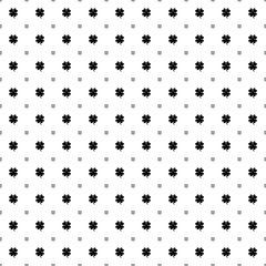 Square seamless background pattern from black four-leaf clover symbols are different sizes and opacity. The pattern is evenly filled. Vector illustration on white background