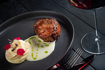 beef steak with mashed potato