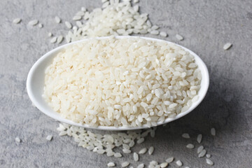 A porcelain bowl of rice on the kitchen countertop.