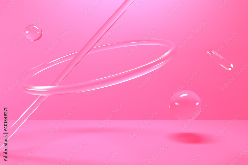 Poster pink abstract background with glass shining shapes in studio. backdrop design for product promotion.