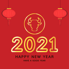 Chinese Happy new year 2021. Happy new year. Year of the Ox with abstract gold line.