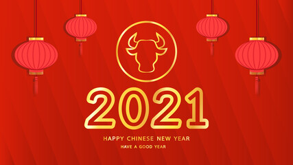 Chinese Happy new year 2021. Happy new year. Year of the Ox with abstract gold line.