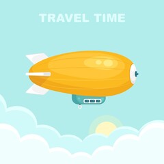 Dirigible flying in blue sky with clouds. Vintage airship, zeppelin. Travel by blimp