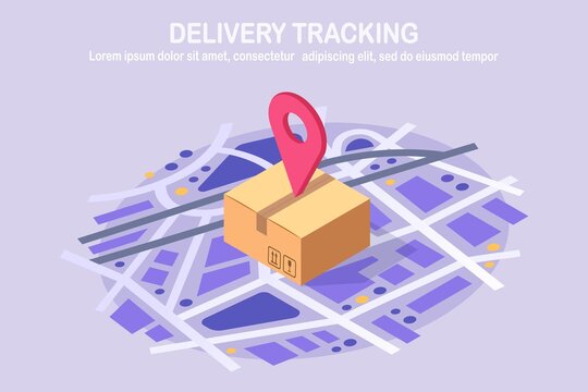Order tracking. Isometric parcel with pin, pointer on map. Shipping of box, package, cargo transportation. Vector illustration