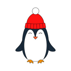Cute Penguin Wearing Winter Hat Flat Vector Illustration.