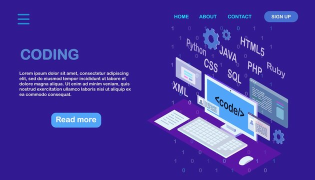 Software development, programming language, coding. Digital technology. Isometric laptop, computer