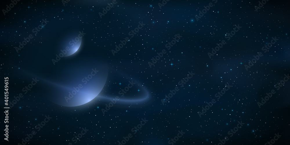 Poster planet with a ring on a realistic galaxy background. space concept. sparkling starry sky. background